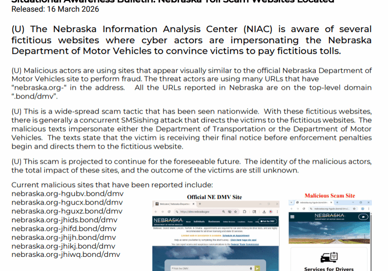 NIAC alert about Nebraska toll scam websites.